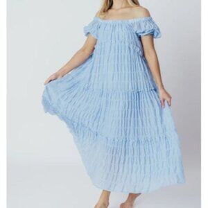 On and Off the Shoulder Kendal Maxi Dress with Ruffled Tiers in Blue | Large